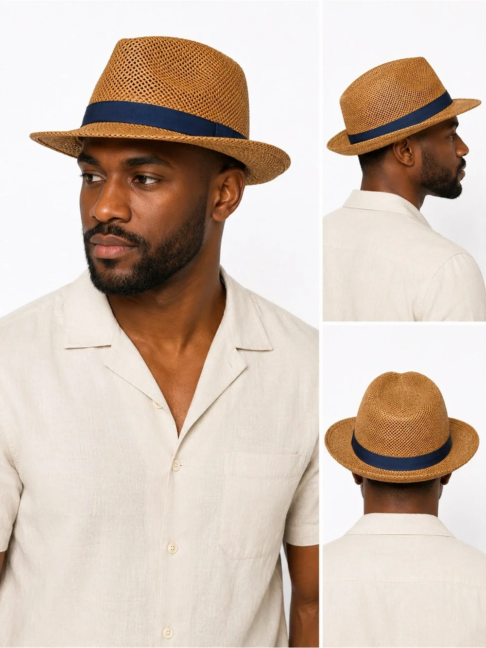 Men's Straw Fedora Hat with Navy Band - Tan